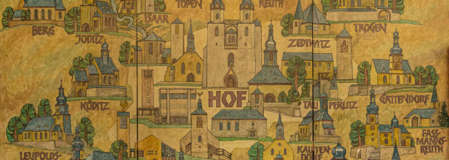 Historische Landkarte mit stilisierten Gebäuden und Ortsnamen wie Hof, Joditz, Köditz und Leupolds, dargestellt in warmen Erdtönen.