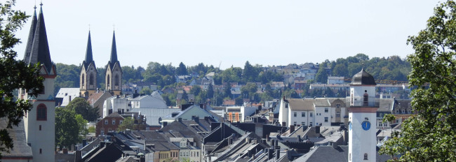 Blick auf die Dächer der Stadt Hof mit mehreren Kirchtürmen und einem Uhrturm im Vordergrund