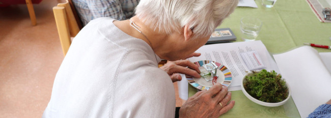 Eine ältere Frau mit weißem Haar sitzt am Tisch und betrachtet eine Farbpalette mit Farbfächern und einem kleinen Spiegel.